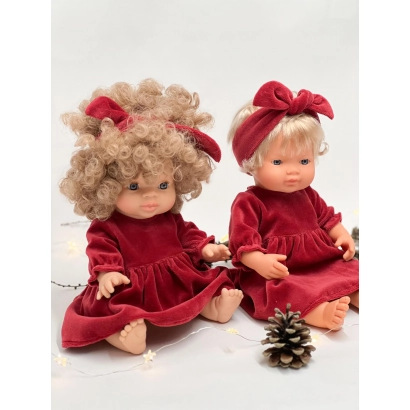Czerwona welurowa sukienka dla lalki Minikane 34 cm