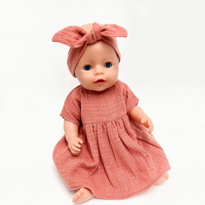 Opaska muślinowa dla lalki Baby Born 43cm w kolorze morelowym w złote kropki