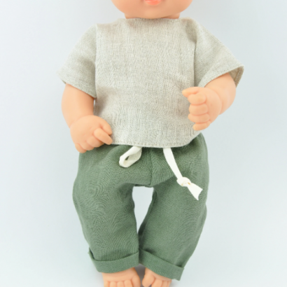Ubranka lniane dla lalki Miniland 32 cm, koszulka i zielone spodnie