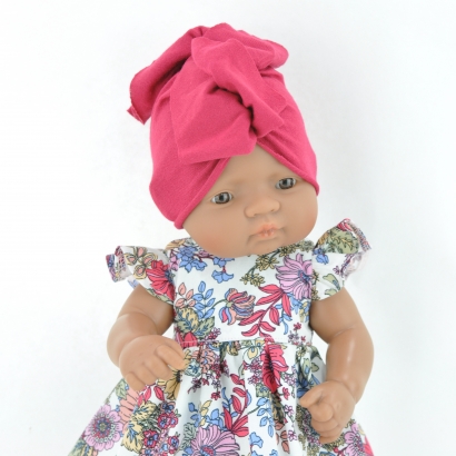 Sukienka w kwiaty i różowy turban dla lalki Miniland 32cm