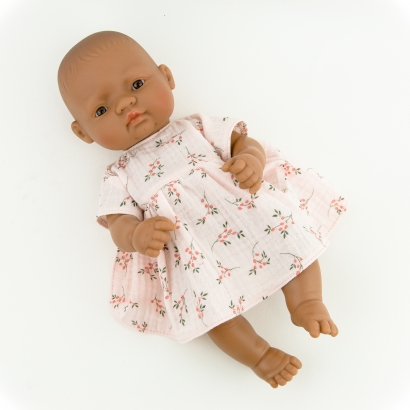 Ubranka dla lalki Miniland sukienka z muślinu, gałązki na różowym