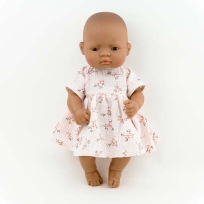 Ubranka dla lalki Miniland sukienka z muślinu, gałązki na różowym