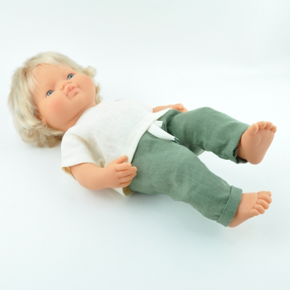 Ubranka dla lalki Miniland 38 cm lniana koszulka i spodnie zielone