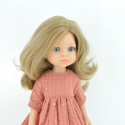 Sukienka muślinowa dla lalki Paola Reina Amigas 32 cm, morelowa w złote kropki