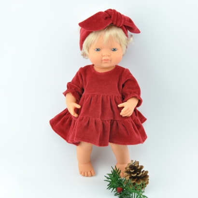 Sukienka świąteczna welurowa czerwona Miniland 38cm